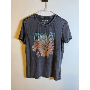 Guess Mens T-Shirt Wild Leopard Graphic Acid Wash Gray Size M